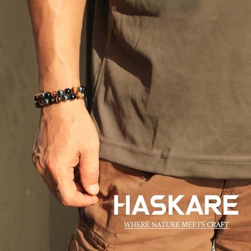 HASKARE Triple Protection Bracelet, Genuine Tigers Eye Black Obsidian and Hematite 8mm Beads Bracelet for Men Women, Crystal Jewelry Stone Bracelets Christmas Gifts for Men...