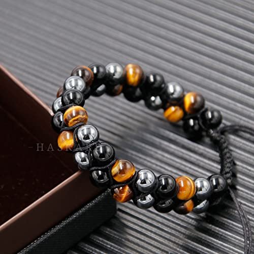 HASKARE Triple Protection Bracelet, Genuine Tigers Eye Black Obsidian and Hematite 8mm Beads Bracelet for Men Women, Crystal Jewelry Stone Bracelets Christmas Gifts for Men...