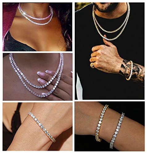 HH BLING EMPIRE Gold Silver Iced Out Diamond Tennis Chain Necklace for Men Women, Rhinestone Tennis Necklaces for Women and Teens, Tennis and Cuban Link Chains 18-30 Inches