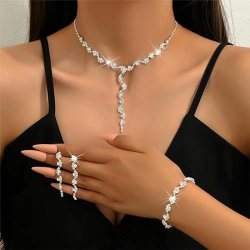 HUASAI Wedding Dresses for Bride Silver Jewelry Set Bridal Jewelry Set for Wedding Rhinestone Bridal Jewelry Set Gifts