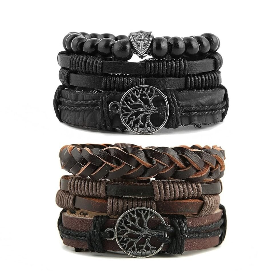 HZMAN Genuine Leather Tree of life Bracelets Men Women, Tiger Eye Natural Stone Lava Rock Beads Ethnic Tribal Elastic Bracelets Wristbands