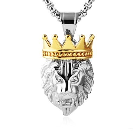 HZMAN Men's Silver Gold Tone Stainless Steel Lion King Pendant Necklace Cable Wheat 22+2" Chain