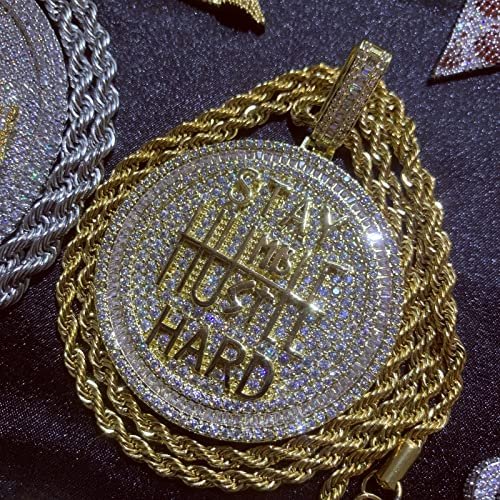 ICEDIAMOND 14K Gold Plated Stay Humble-Hustle Hard Encourage Pendant Necklace, Iced Out CZ Diamond Hip Hop Charm Jewelry for Men Women