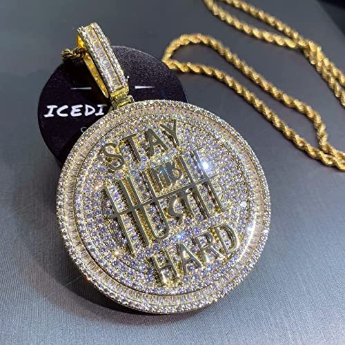 ICEDIAMOND 14K Gold Plated Stay Humble-Hustle Hard Encourage Pendant Necklace, Iced Out CZ Diamond Hip Hop Charm Jewelry for Men Women