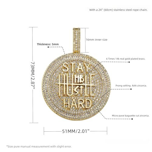 ICEDIAMOND 14K Gold Plated Stay Humble-Hustle Hard Encourage Pendant Necklace, Iced Out CZ Diamond Hip Hop Charm Jewelry for Men Women