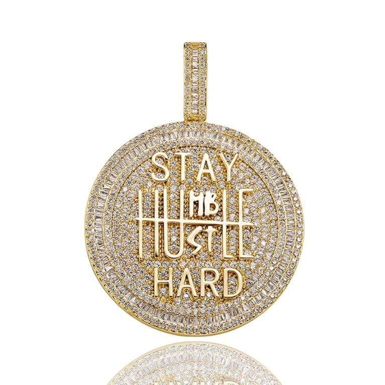 ICEDIAMOND 14K Gold Plated Stay Humble-Hustle Hard Encourage Pendant Necklace, Iced Out CZ Diamond Hip Hop Charm Jewelry for Men Women