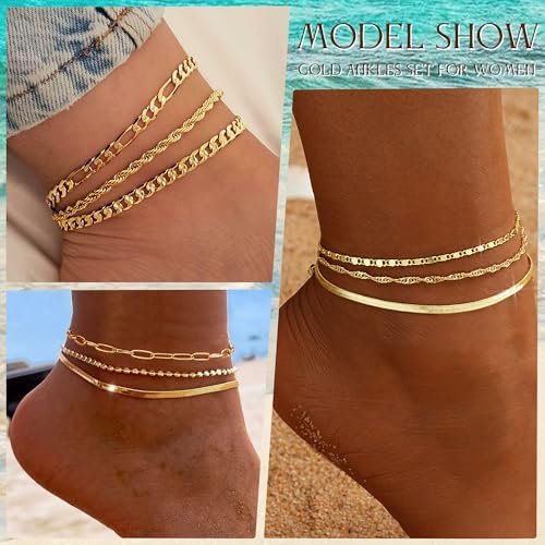 iF YOU Gold Ankle Bracelets for Women, 14k Gold Plated Waterproof Cuban Link Chain Anklets Set, Layered Anklet Bracelets for Women Beach Gift Adjustable Size 5pc