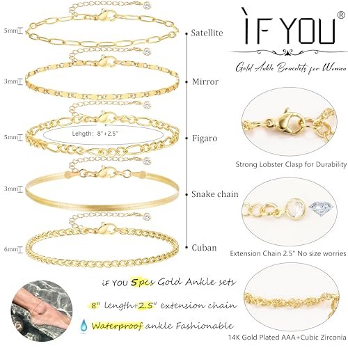 iF YOU Gold Ankle Bracelets for Women, 14k Gold Plated Waterproof Cuban Link Chain Anklets Set, Layered Anklet Bracelets for Women Beach Gift Adjustable Size 5pc