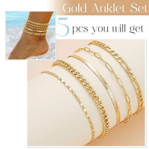 iF YOU Gold Ankle Bracelets for Women, 14k Gold Plated Waterproof Cuban Link Chain Anklets Set, Layered Anklet Bracelets for Women Beach Gift Adjustable Size 5pc