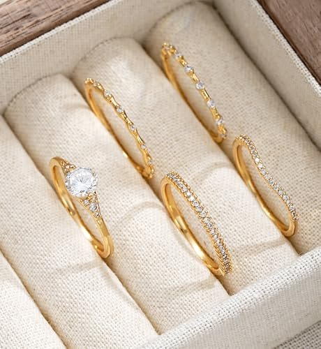 iF YOU Gold Rings for Women Non Tarnish - Dainty 14K Gold Plated Stackable Cubic Zirconia Knuckle Ring Set, Statement Promise Wedding Bands Engagement Rings Size 6 7 8 9 10