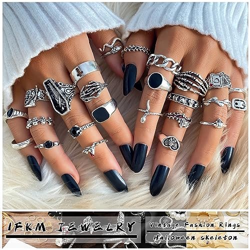 IFKM 15-63 PCS Vintage Silver Knuckle Rings Set for Women Teen Girl, Stackable Joint Finger Statement Rings Bohemian Retro Hollow Carved Midi Rings, Boho Y2k Snake Butterfly...