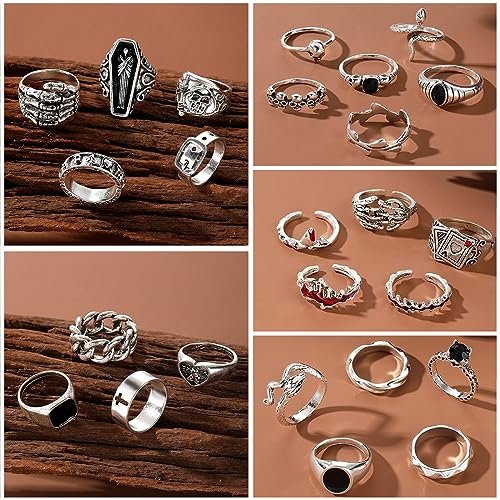 IFKM 15-63 PCS Vintage Silver Knuckle Rings Set for Women Teen Girl, Stackable Joint Finger Statement Rings Bohemian Retro Hollow Carved Midi Rings, Boho Y2k Snake Butterfly...