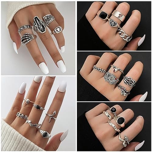 IFKM 15-63 PCS Vintage Silver Knuckle Rings Set for Women Teen Girl, Stackable Joint Finger Statement Rings Bohemian Retro Hollow Carved Midi Rings, Boho Y2k Snake Butterfly...