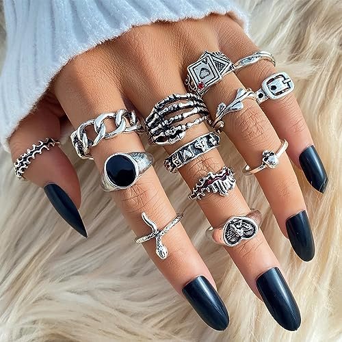 IFKM 15-63 PCS Vintage Silver Knuckle Rings Set for Women Teen Girl, Stackable Joint Finger Statement Rings Bohemian Retro Hollow Carved Midi Rings, Boho Y2k Snake Butterfly...