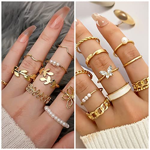 IFKM 36 PCS Gold Plated Jewelry Set with 4 PCS Necklace, 11 PCS Bracelet, 7 PCS Ear Cuffs Earring, 14 Pcs Knuckle Rings for Women Girls Valentine Anniversary Birthday Friendship...