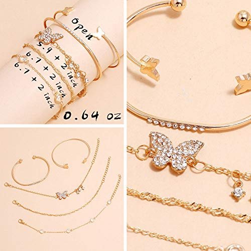 IFKM 6 PACK (24 PCS) Boho Gold Chain Bracelets Set for Women, 14K Gold Plated Multiple Layered Stackable Open Cuff Wrap Bangle Adjustable Link Italian Cuban Jewelry for Women Gift