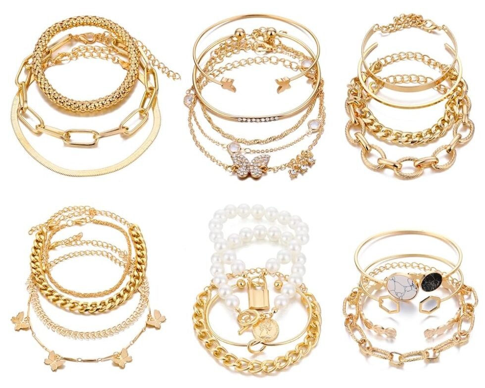 IFKM 6 PACK (24 PCS) Boho Gold Chain Bracelets Set for Women, 14K Gold Plated Multiple Layered Stackable Open Cuff Wrap Bangle Adjustable Link Italian Cuban Jewelry for Women Gift