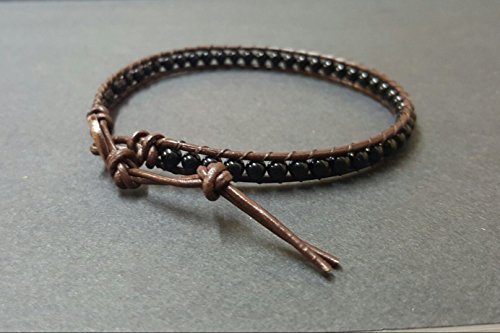 Infinityee888 Onyx Bead Anklet bracelet 10-10.5 inches woven with Leather cord beautiful handmade hippie bohemian Unisex Anklet Gift Idea for Both Men Women Boy Girl