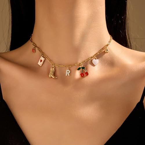 Initial Charm Necklace for Women Gold Letter Necklace Charm Pendant Western Cowgirl Cherry Heart Fruit Choker Necklace Charms Jewelry for Teen Girl Gifts Trendy Stuff
