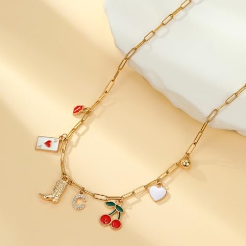 Initial Charm Necklace for Women Gold Letter Necklace Charm Pendant Western Cowgirl Cherry Heart Fruit Choker Necklace Charms Jewelry for Teen Girl Gifts Trendy Stuff