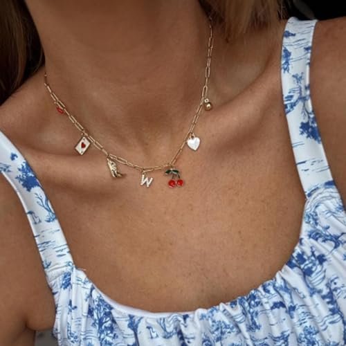 Initial Charm Necklace for Women Gold Letter Necklace Charm Pendant Western Cowgirl Cherry Heart Fruit Choker Necklace Charms Jewelry for Teen Girl Gifts Trendy Stuff