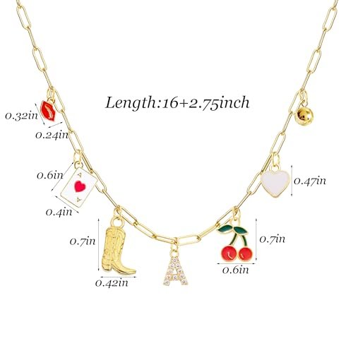 Initial Charm Necklace for Women Gold Letter Necklace Charm Pendant Western Cowgirl Cherry Heart Fruit Choker Necklace Charms Jewelry for Teen Girl Gifts Trendy Stuff