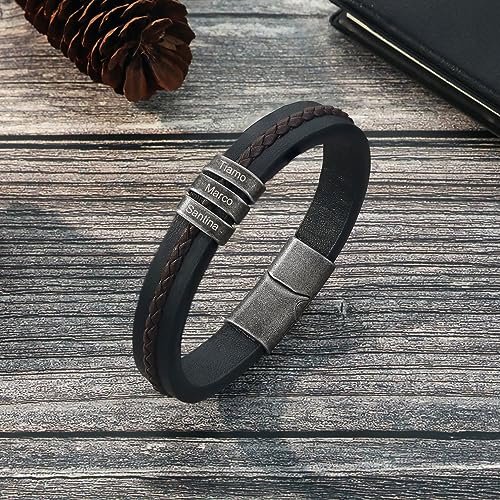 Jeweidea Personalized Leather Bracelet with Name Beads, Custom Braided Bangle Father's Day Engraved Jewelry Gifts for Men Dad Him Husband
