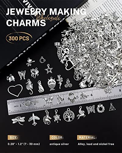 JIALEEY 300 PCS Wholesale Bulk Lots Jewelry Making Charms Mixed Smooth Tibetan Silver Alloy Charms Pendants DIY for Bracelet Necklace Jewelry Making and Crafting