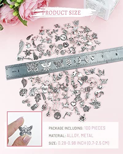 JIALEEY Wholesale Bulk Lots Jewelry Making Silver Charms Mixed Smooth Tibetan Silver Metal Charms Pendants DIY for Necklace Bracelet Jewelry Making and Crafting, 100 PCS