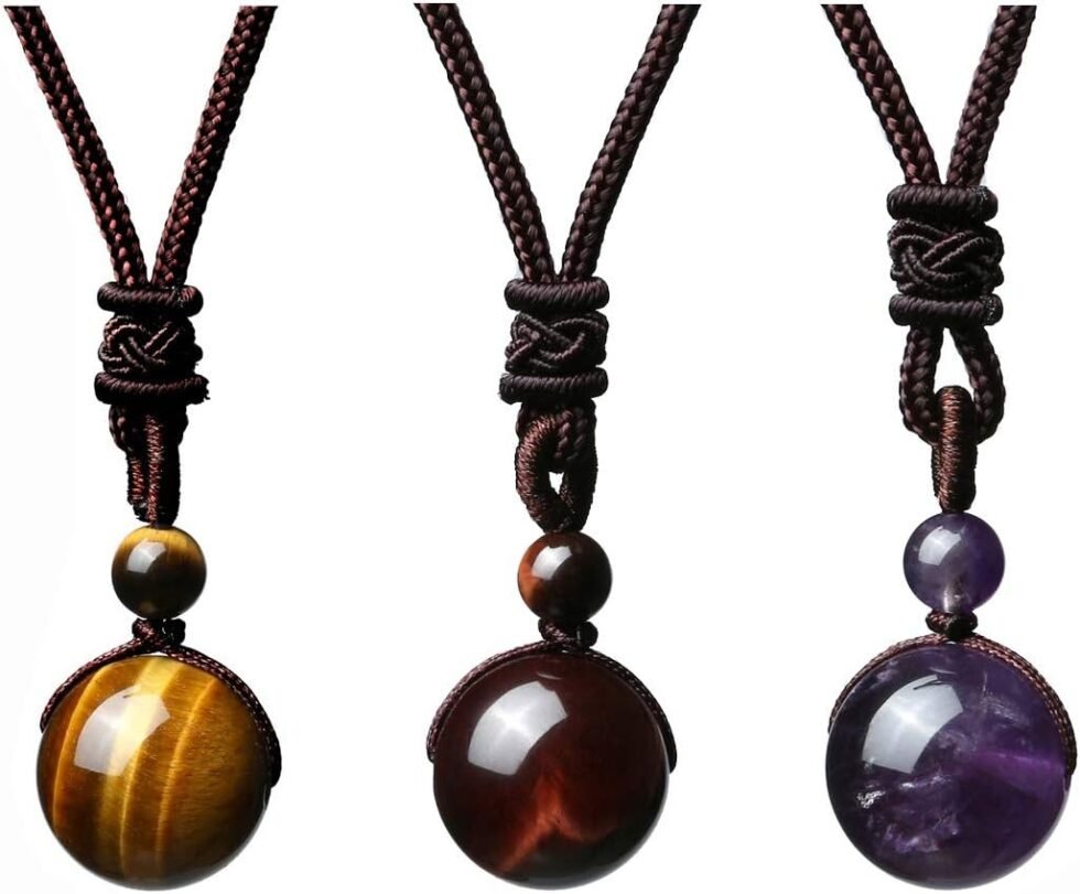 Jovivi Healing Crystals Necklace Natural Tiger Eye Amethyst Lucky Blessing Protection Chakra Beads Stone Pendant for Women Men Adjustable