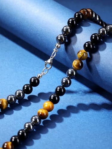 Jovivi Mens Healing Crystal Black Obsidian Tigers Eye Hematite Beaded Necklace Natural Stone Beads Necklace Triple Protection Jewelry Gifts for Men Stress Relief,Balance