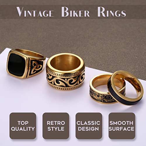 Jstyle 4Pcs Stainless Steel Vintage Signet Rings for Men Biker Rings Set Pinky Thumb Celtic Band Ring Spinner Ring Silver Gold Polished Edge Mens Rings for Men Jewelry Gift