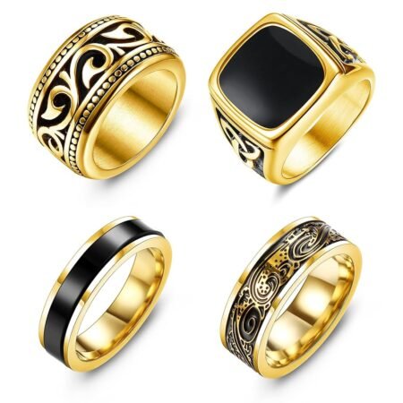 Jstyle 4Pcs Stainless Steel Vintage Signet Rings for Men Biker Rings Set Pinky Thumb Celtic Band Ring Spinner Ring Silver Gold Polished Edge Mens Rings for Men Jewelry Gift