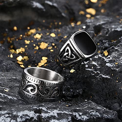 Jstyle 4Pcs Stainless Steel Vintage Signet Rings for Men Biker Rings Set Pinky Thumb Celtic Band Ring Spinner Ring Silver Gold Polished Edge Mens Rings for Men Jewelry Gift