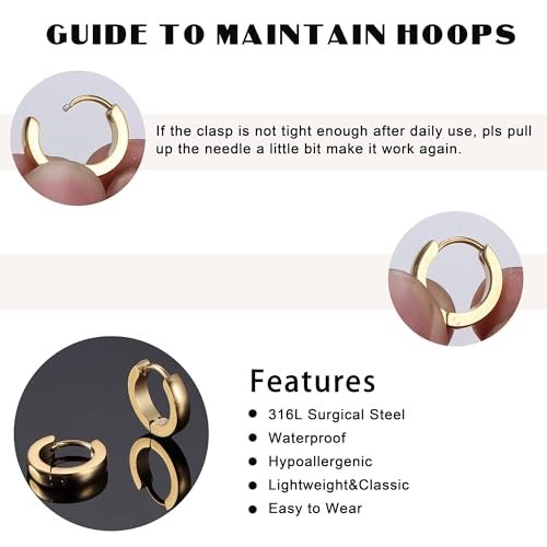 Jstyle Hypoallergenic Small Hoop Earrings for Men Women 316L Surgical Stainless Steel Gold/Silver/Black Hoop Earrings for Sensitive Ears Mens Hoop Huggie Earrings Ear Piercing...