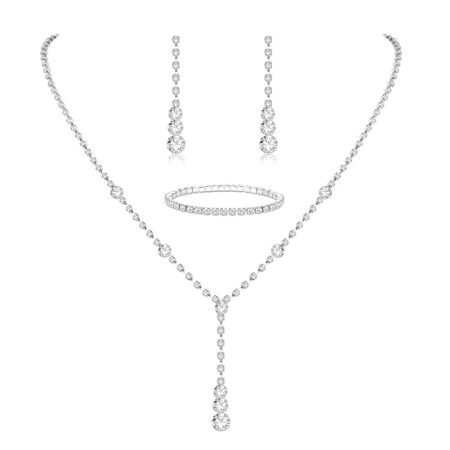 Jstyle Silver Jewelry Set for Women Rhinestone Crystal Necklace Drop Earrings Link Bangle Bracelet Bridal Wedding Jewelry Sets for Brides Bridemaid Prom Costume Accessories