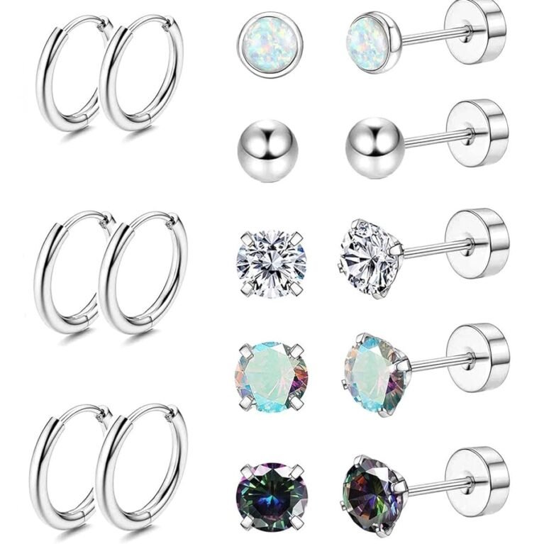 Jstyle Surgical Steel Earrings for Sensitive Ears Hypoallergenic 20G Stainless Steel Stud Hoop Earrings for Women Men Small Opal Ball CZ Surgical Steel Flat Back Earrings...