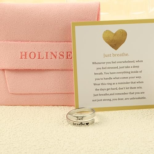 Just Breathe Ring for Women, Adjustable Heart Ring, Stainless Steel Spiral Wrap Healing Rings, Inspirational & Heart felt Gift