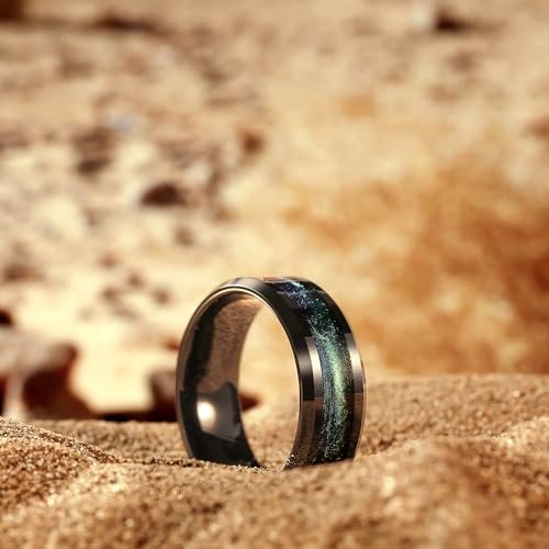 King Will Tungsten Carbide Wedding Band for Men - 8mm Black High Polished Inlay Blue Green/Blue Opal/Red Sand for Everyday Wear Comfort Fit Galaxy Collection