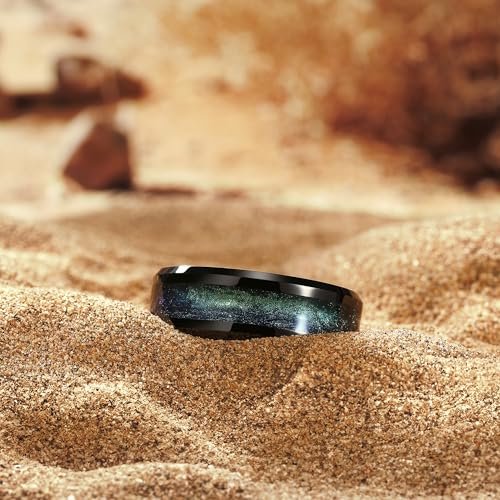 King Will Tungsten Carbide Wedding Band for Men - 8mm Black High Polished Inlay Blue Green/Blue Opal/Red Sand for Everyday Wear Comfort Fit Galaxy Collection