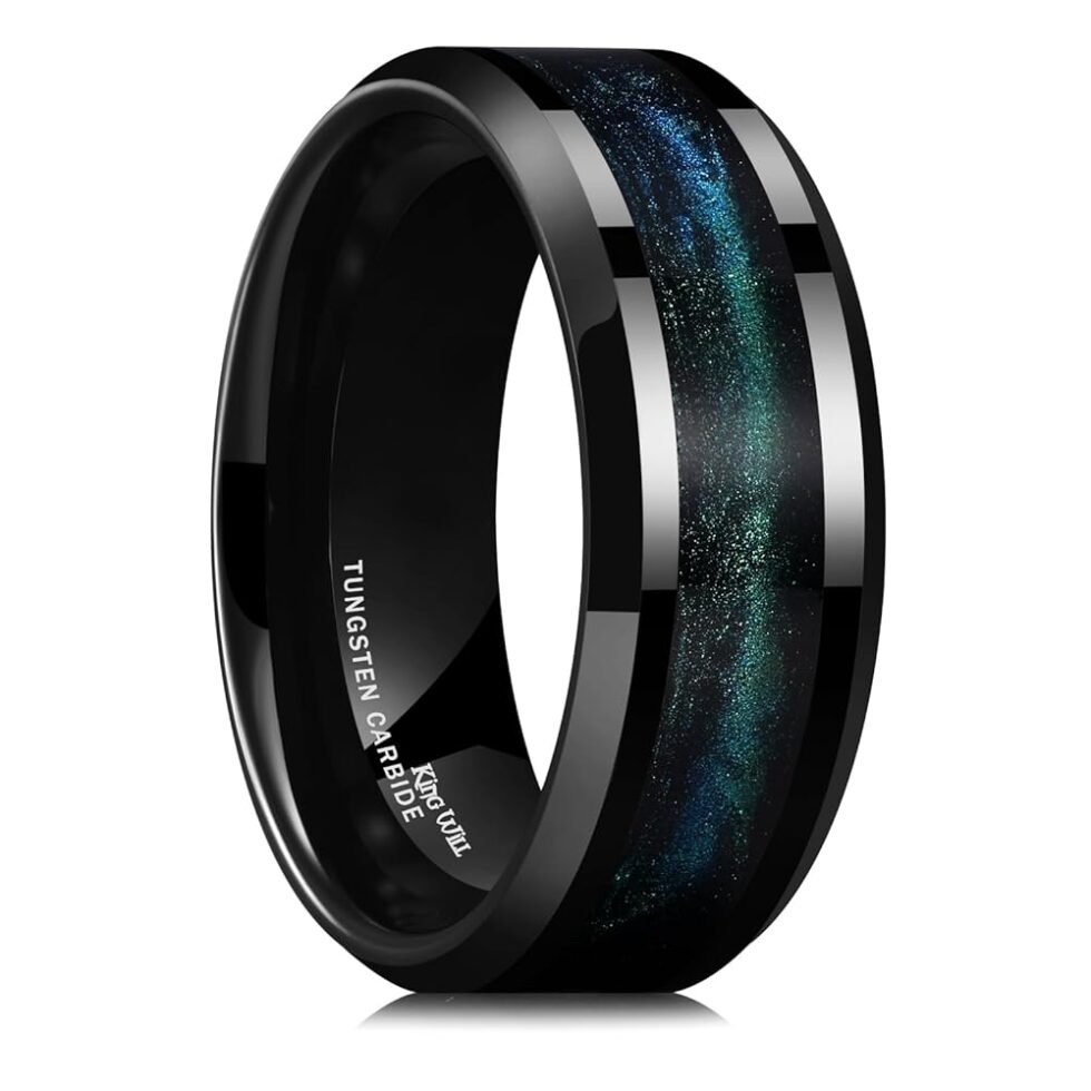 King Will Tungsten Carbide Wedding Band for Men - 8mm Black High Polished Inlay Blue Green/Blue Opal/Red Sand for Everyday Wear Comfort Fit Galaxy Collection