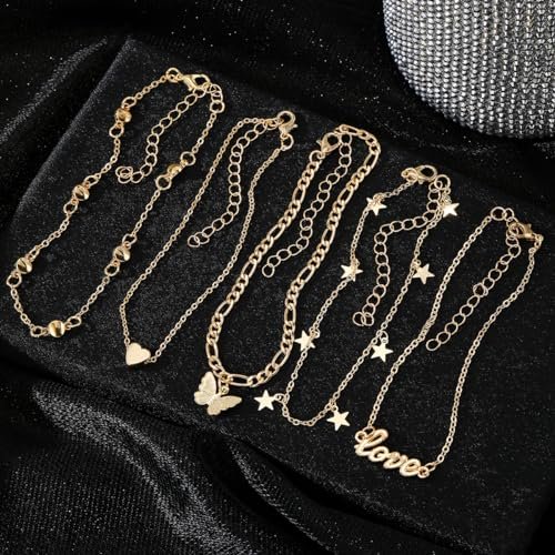 KISS WIFE Gold Anklets for Women, 14k Gold Plated Layered Cuban Figaro Link Chain Anklets Set, Dainty Waterproof Summer Beach Foot Jewelry
