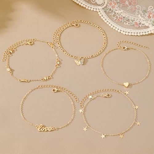 KISS WIFE Gold Anklets for Women, 14k Gold Plated Layered Cuban Figaro Link Chain Anklets Set, Dainty Waterproof Summer Beach Foot Jewelry