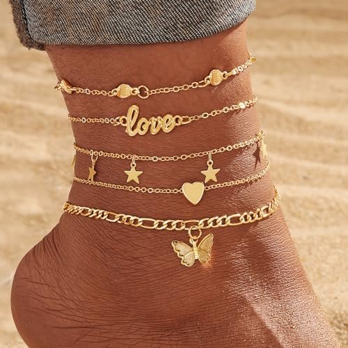 KISS WIFE Gold Anklets for Women, 14k Gold Plated Layered Cuban Figaro Link Chain Anklets Set, Dainty Waterproof Summer Beach Foot Jewelry
