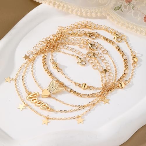 KISS WIFE Gold Anklets for Women, 14k Gold Plated Layered Cuban Figaro Link Chain Anklets Set, Dainty Waterproof Summer Beach Foot Jewelry