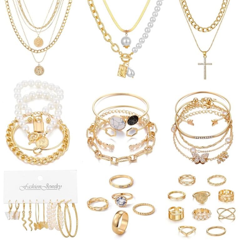 KISS WIFE Gold Jewelry Set for Women, Multi Layered Necklaces Stackable Bracelets Knuckle Rings and Hoop Earrings Sets, Fashion Vacation Jewelry Costume Jewelry Packs