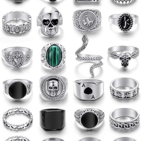 KISS WIFE Vintage Silver Punk Rings Set for Men, Cool Gothic Chunky Rings Bulk, Skull Snake Spade Ace Malachite Stackable Hippie Knuckle Rings Pack, Trendy Men's Jewelry Gift...