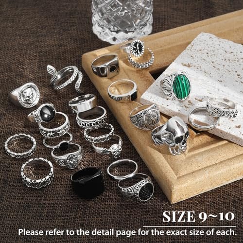 KISS WIFE Vintage Silver Punk Rings Set for Men, Cool Gothic Chunky Rings Bulk, Skull Snake Spade Ace Malachite Stackable Hippie Knuckle Rings Pack, Trendy Men's Jewelry Gift...