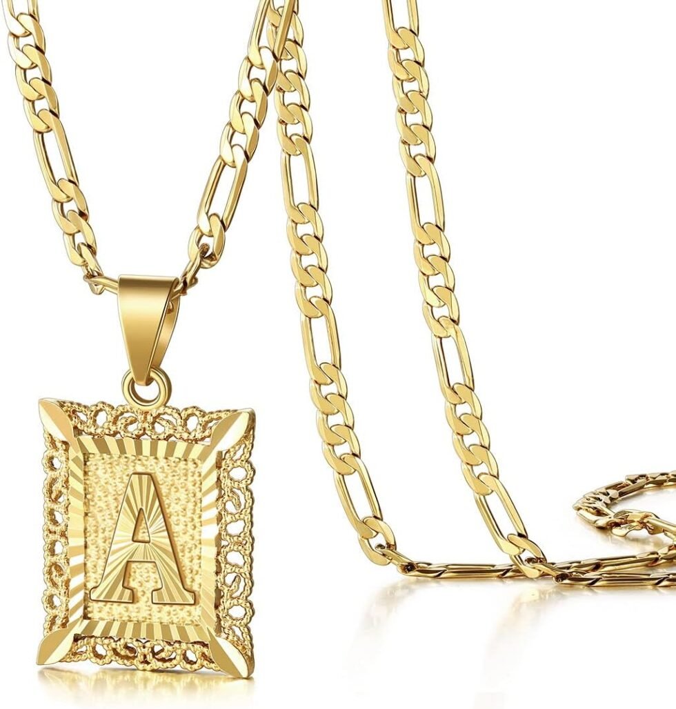 KissYan Initial Letter Pendant Necklace for Men Womens, 18K Gold Plated Square Capital Monogram Necklace Alhpabets from A-Z Figaro Chain Necklace