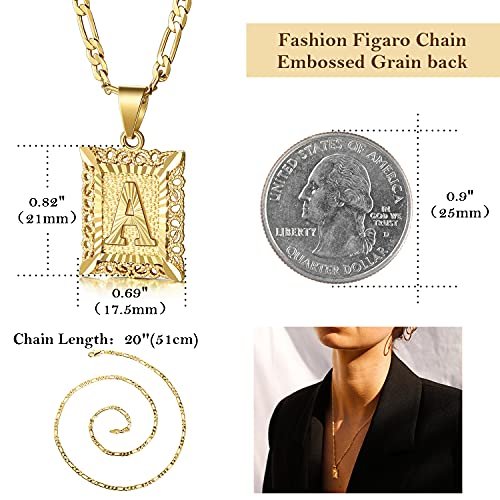 KissYan Initial Letter Pendant Necklace for Men Womens, 18K Gold Plated Square Capital Monogram Necklace Alhpabets from A-Z Figaro Chain Necklace